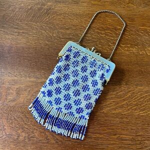 Vintage Handmade Beaded Blue and White Wristlet Purse